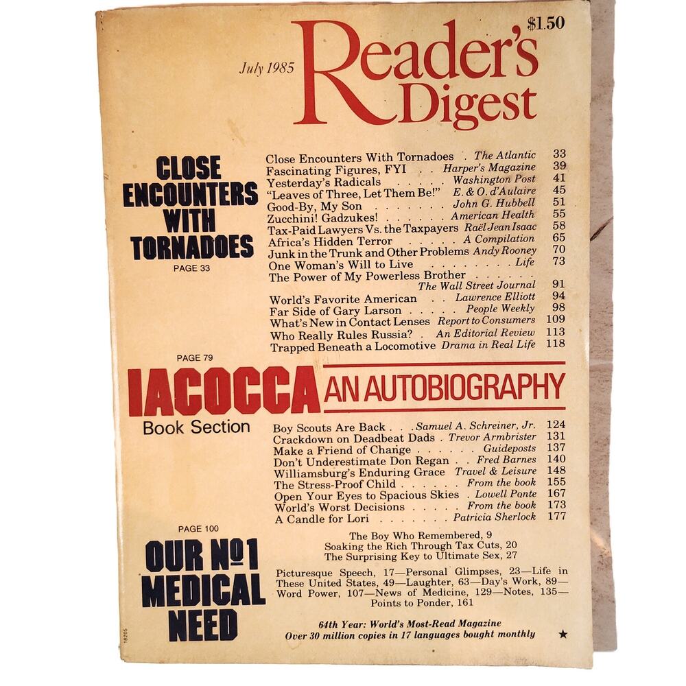 Reader's Digest July 1985 Vintage Magazine Iacocca & Far Side Gary Larson